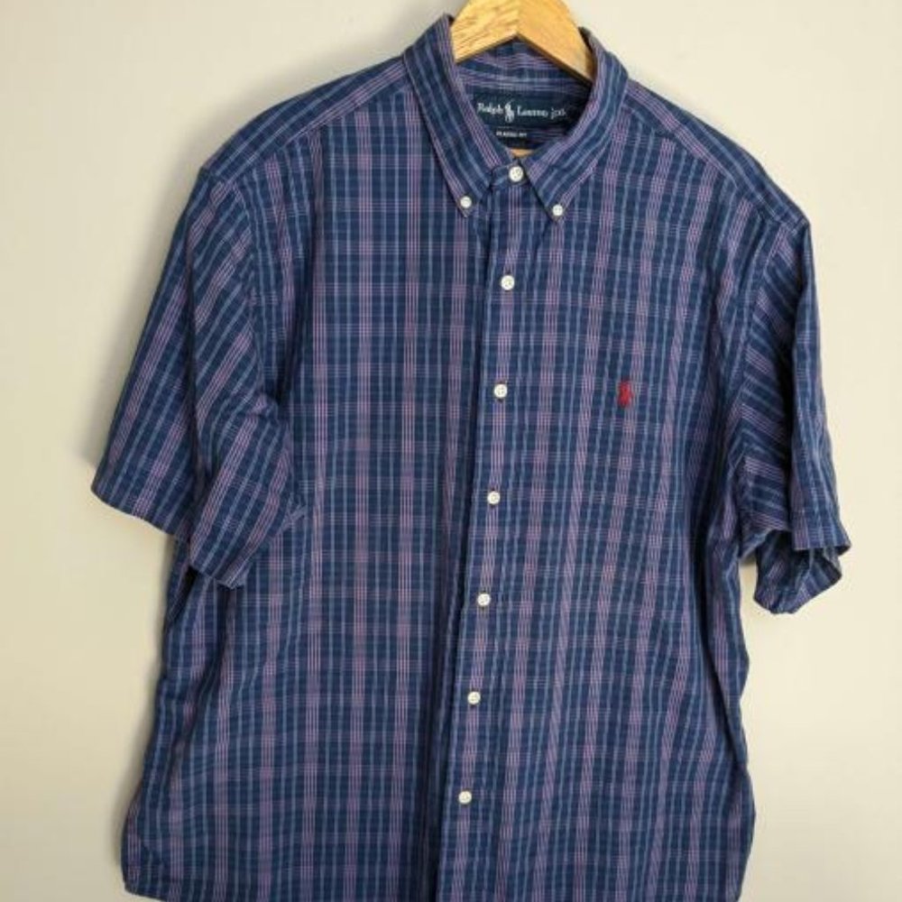 Ralph Lauren Classic Fit Size XL Blue + Red Plaid Short Sleeve Shirt Button Down
